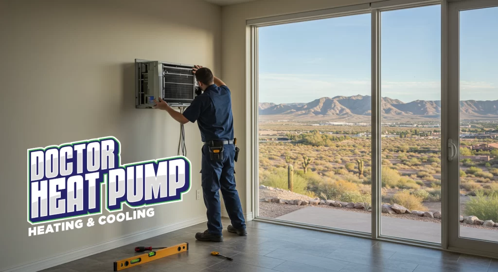 Doctor Heat Pump Technician installing a mini-split indoor unit in a Las Vegas living room with visible mountains/desert through the window