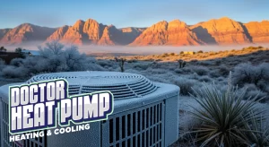 Doctor-Heat-Pump_Las-Vegas-residential-heat-pump-outdoor-unit-covered-in-morning-frost-with-Red-Rock