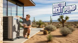 Doctor-Heat-Pump-homeowner-inspecting-heat-pump-desert-background