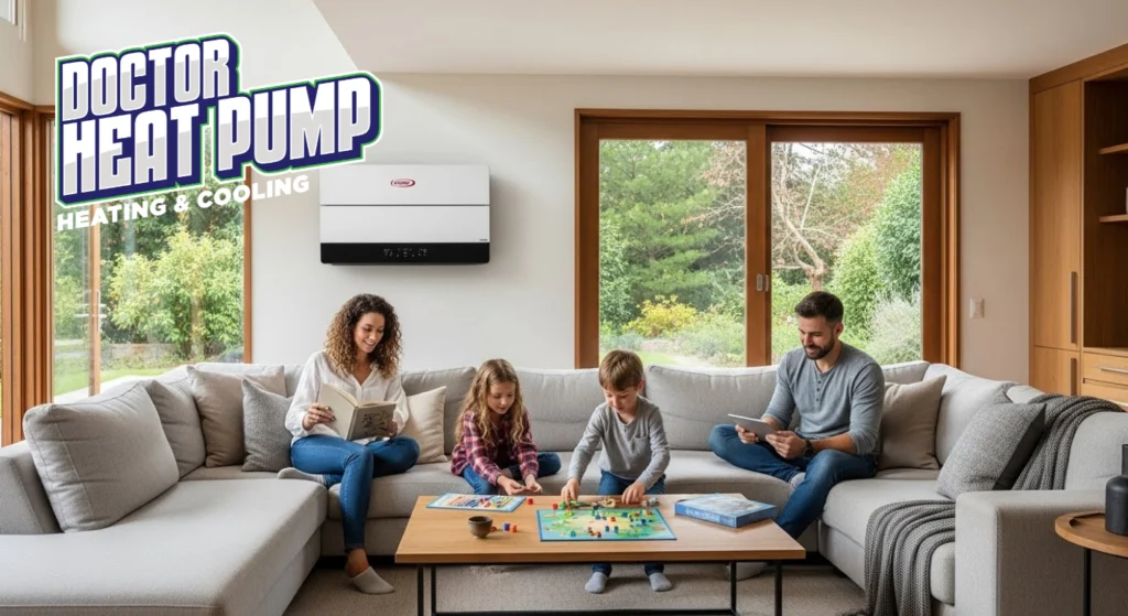 Doctor-Heat-Pump_Lennox-Wall-Mount-Mini-Split-Air-Handler-in-a-modern-home-with-family-members-relaxing on couch